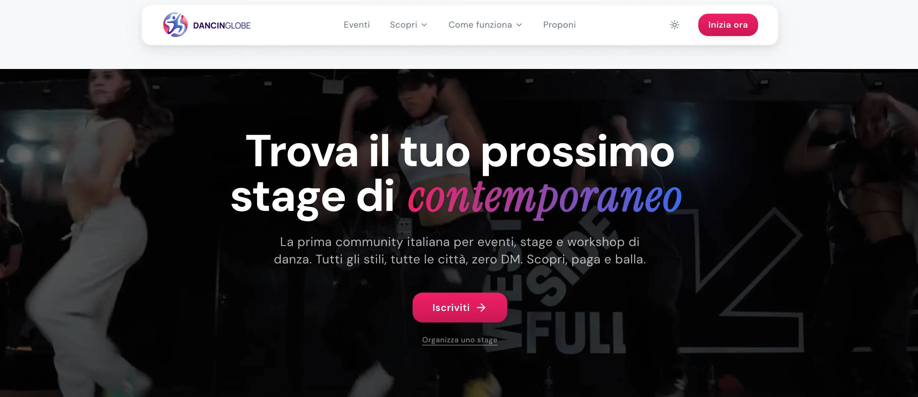 Dancinglobe: homepage della piattaforma con hero 'Trova il tuo prossimo stage di contemporaneo'